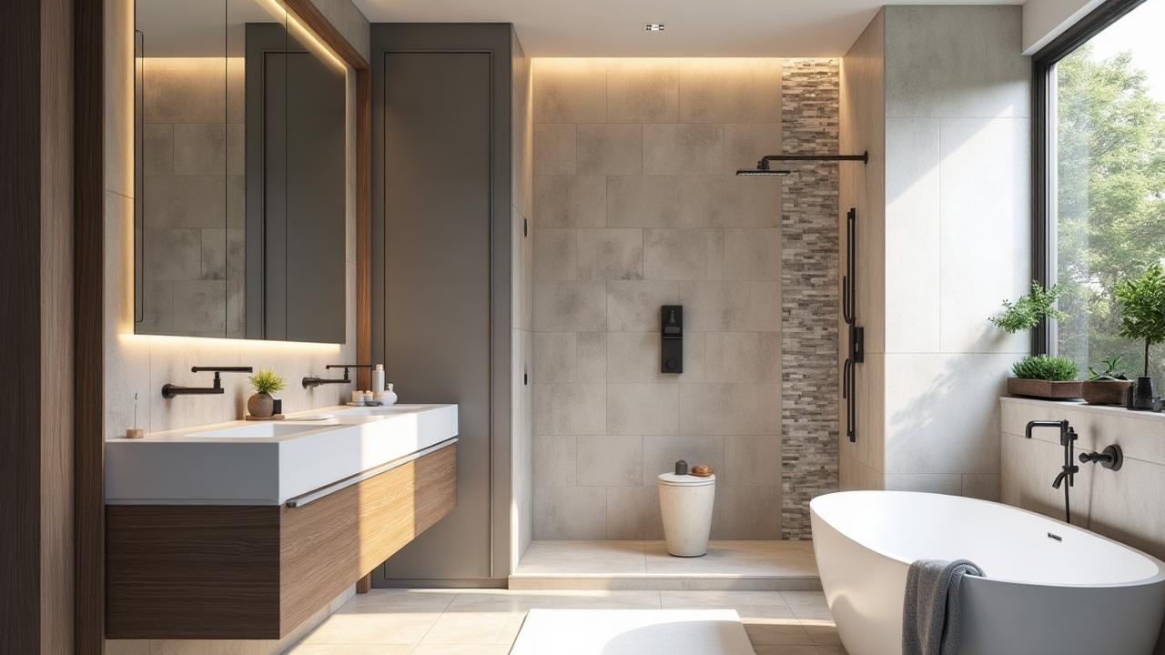 Contemporary bathroom with feature tile and walk-in shower